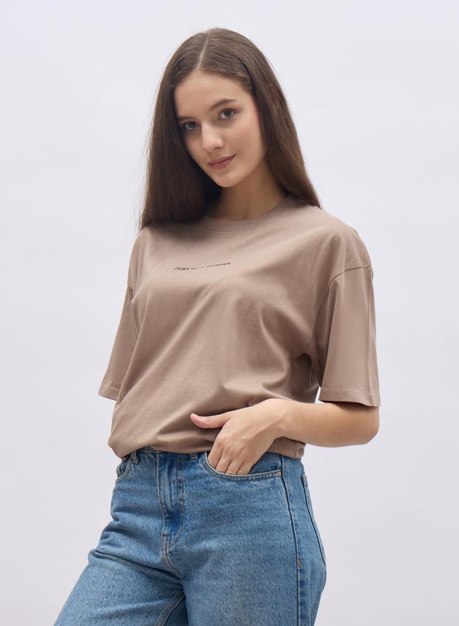 Styli Women Beige Slogan Print Short Sleeve Oversized T-Shirt - Image 3